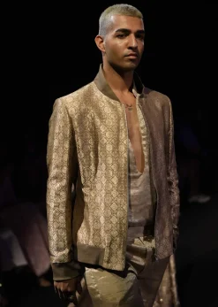 Olive Green Banarasi Bomber Jacket With V Neck Shirt And Wide Leg Pant
