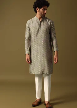 Olive Green Cutdana Embroidered Kurta Jacket Set For Men