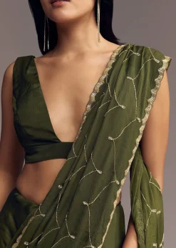 Olive Green Embroidered Chinon Saree With Scallop Border