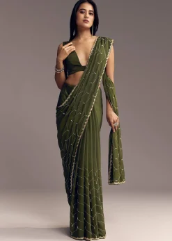 Olive Green Embroidered Chinon Saree With Scallop Border