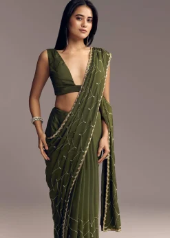 Olive Green Embroidered Chinon Saree With Scallop Border