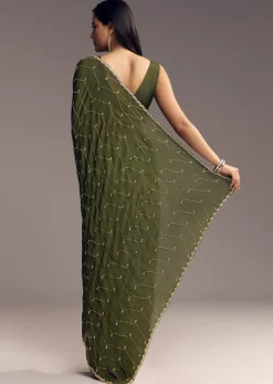Olive Green Embroidered Chinon Saree With Scallop Border