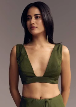 Olive Green Embroidered Chinon Saree With Scallop Border