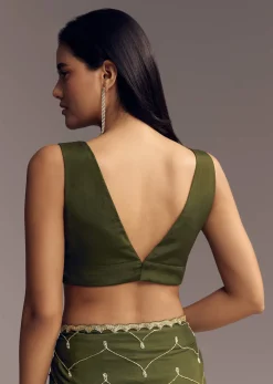 Olive Green Embroidered Chinon Saree With Scallop Border