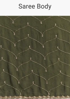 Olive Green Embroidered Chinon Saree With Scallop Border