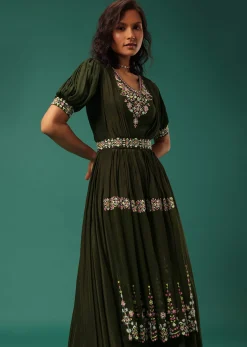 Olive Green Embroidered Jumpsuit in Crepe With Mirror Work