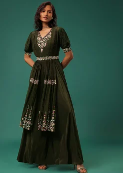 Olive Green Embroidered Jumpsuit in Crepe With Mirror Work