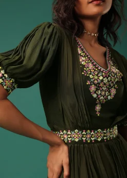 Olive Green Embroidered Jumpsuit in Crepe With Mirror Work