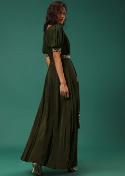 Olive Green Embroidered Jumpsuit in Crepe With Mirror Work