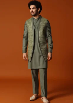 Olive Green Embroidered Kurta Jacket Set For Men