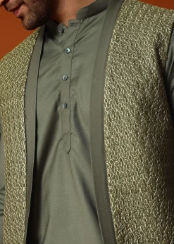 Olive Green Embroidered Kurta Jacket Set For Men