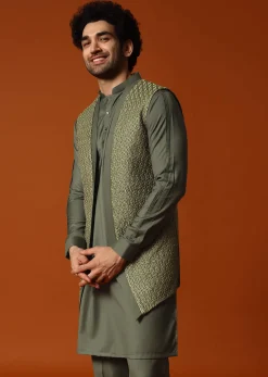 Olive Green Embroidered Kurta Jacket Set For Men