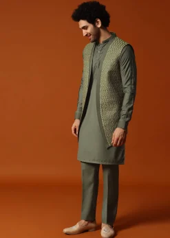 Olive Green Embroidered Kurta Jacket Set For Men
