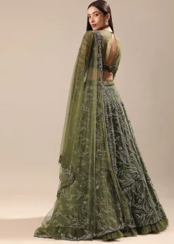 Olive Green Embroidered Lehenga And Blouse With Dupatta