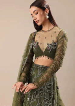 Olive Green Embroidered Lehenga And Blouse With Dupatta