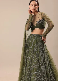 Olive Green Embroidered Lehenga And Blouse With Dupatta