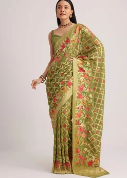 Olive Green Khaddi Georgette Jaal Work Saree With Animal Bird Motifs