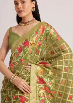 Olive Green Khaddi Georgette Jaal Work Saree With Animal Bird Motifs