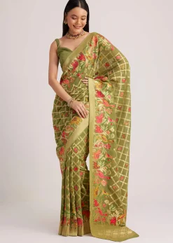 Olive Green Khaddi Georgette Jaal Work Saree With Animal Bird Motifs
