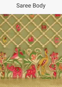 Olive Green Khaddi Georgette Jaal Work Saree With Animal Bird Motifs