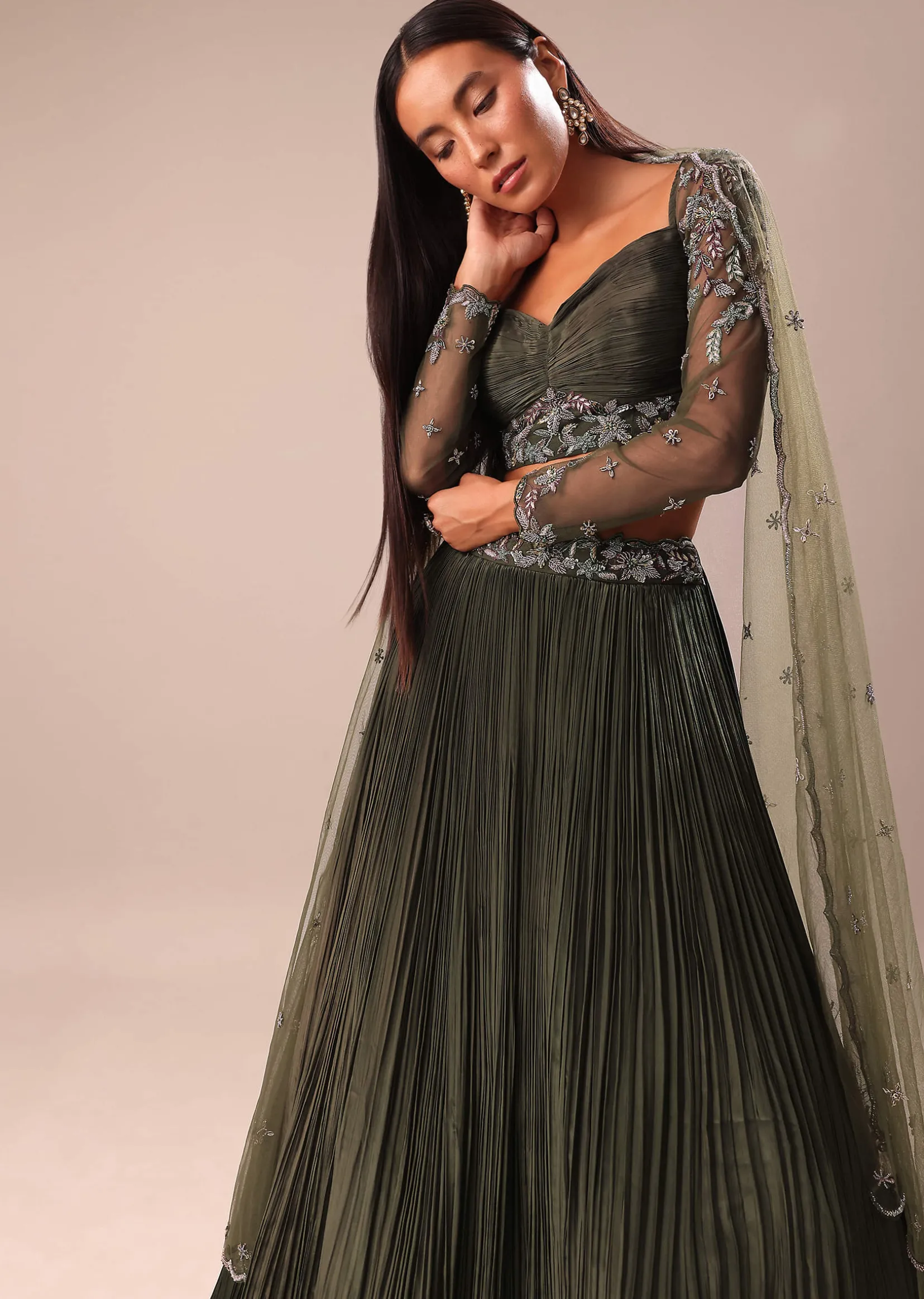 Olive Green Lehenga With Embroidered Blouse And Dupatta