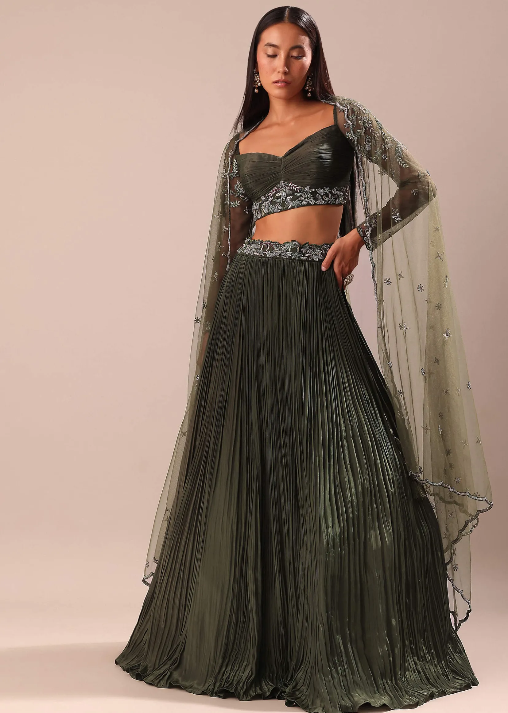 Olive Green Lehenga With Embroidered Blouse And Dupatta