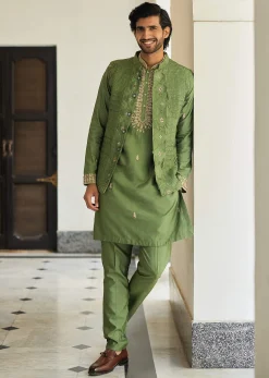 Olive Green Mirror Embroidered Kurta Jacket Set