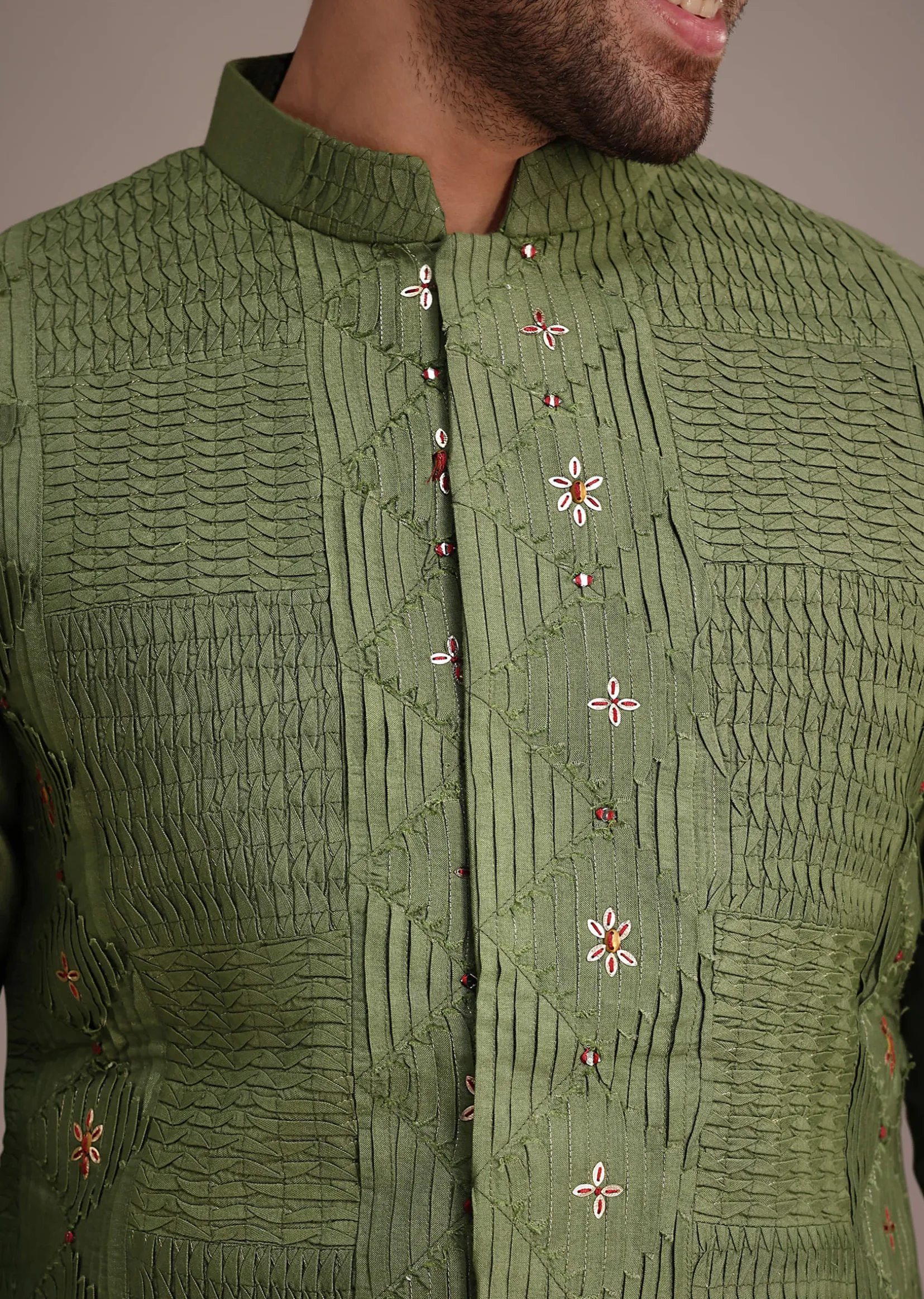 Olive Green Mirror Embroidered Kurta Jacket Set