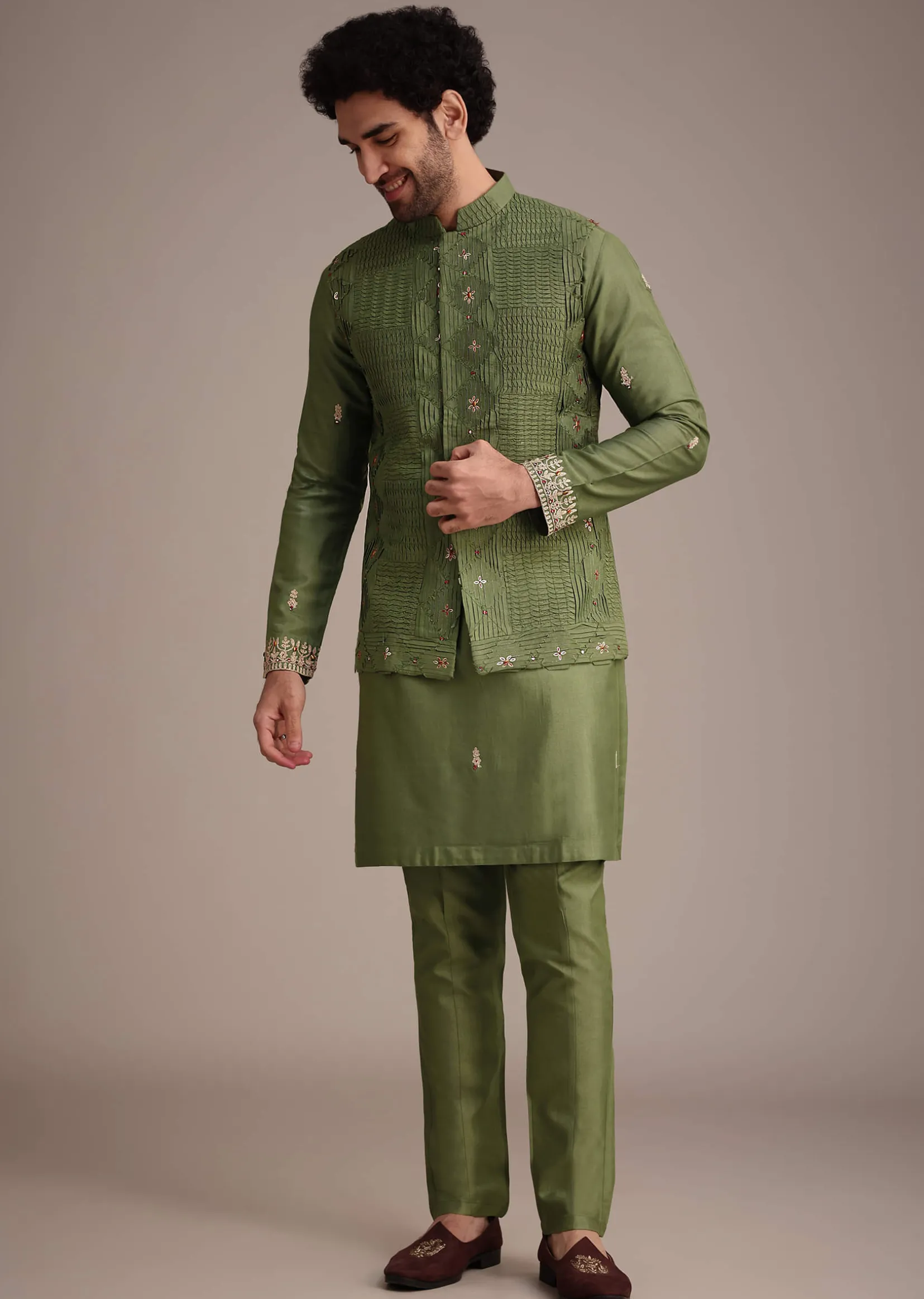 Olive Green Mirror Embroidered Kurta Jacket Set