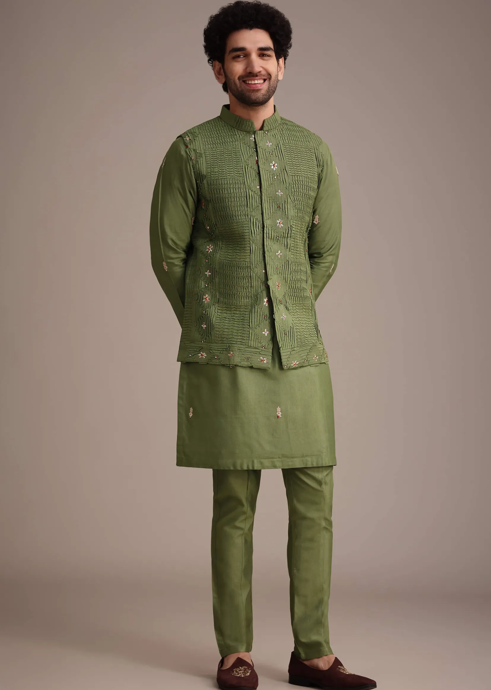 Olive Green Mirror Embroidered Kurta Jacket Set