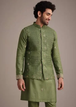 Olive Green Mirror Embroidered Kurta Jacket Set