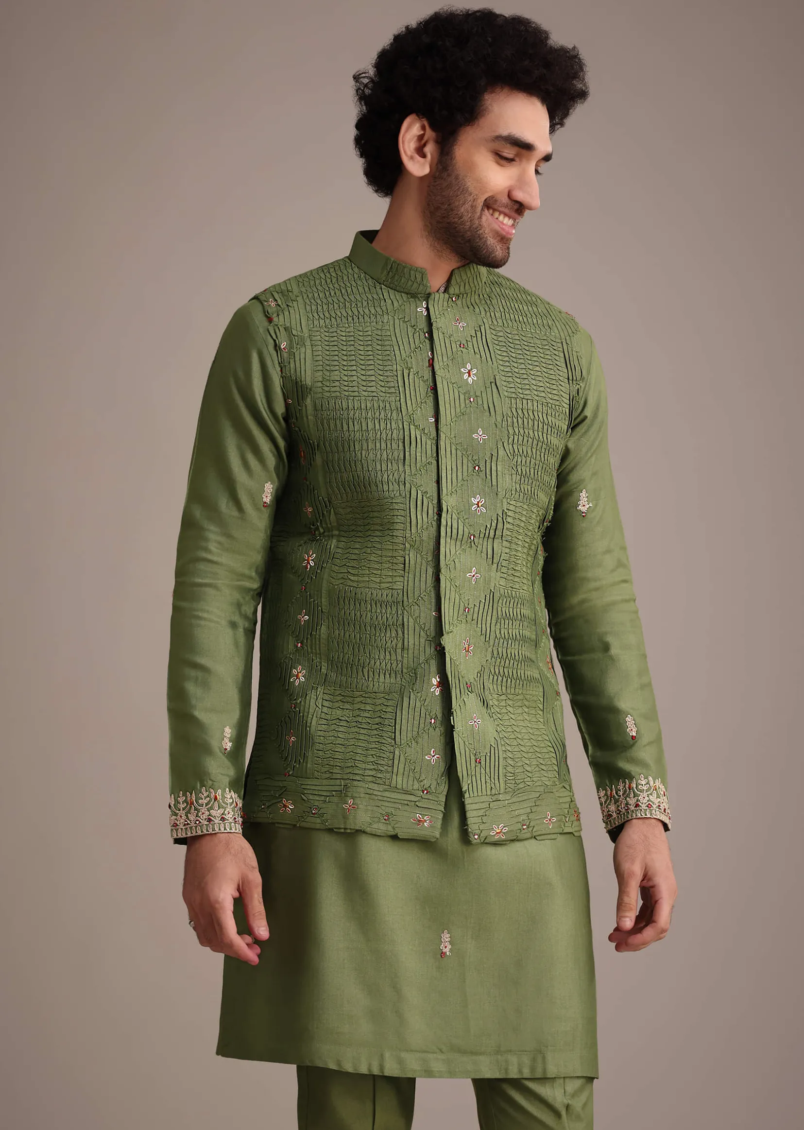 Olive Green Mirror Embroidered Kurta Jacket Set