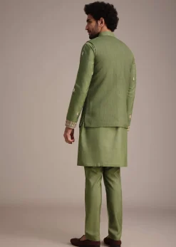 Olive Green Mirror Embroidered Kurta Jacket Set