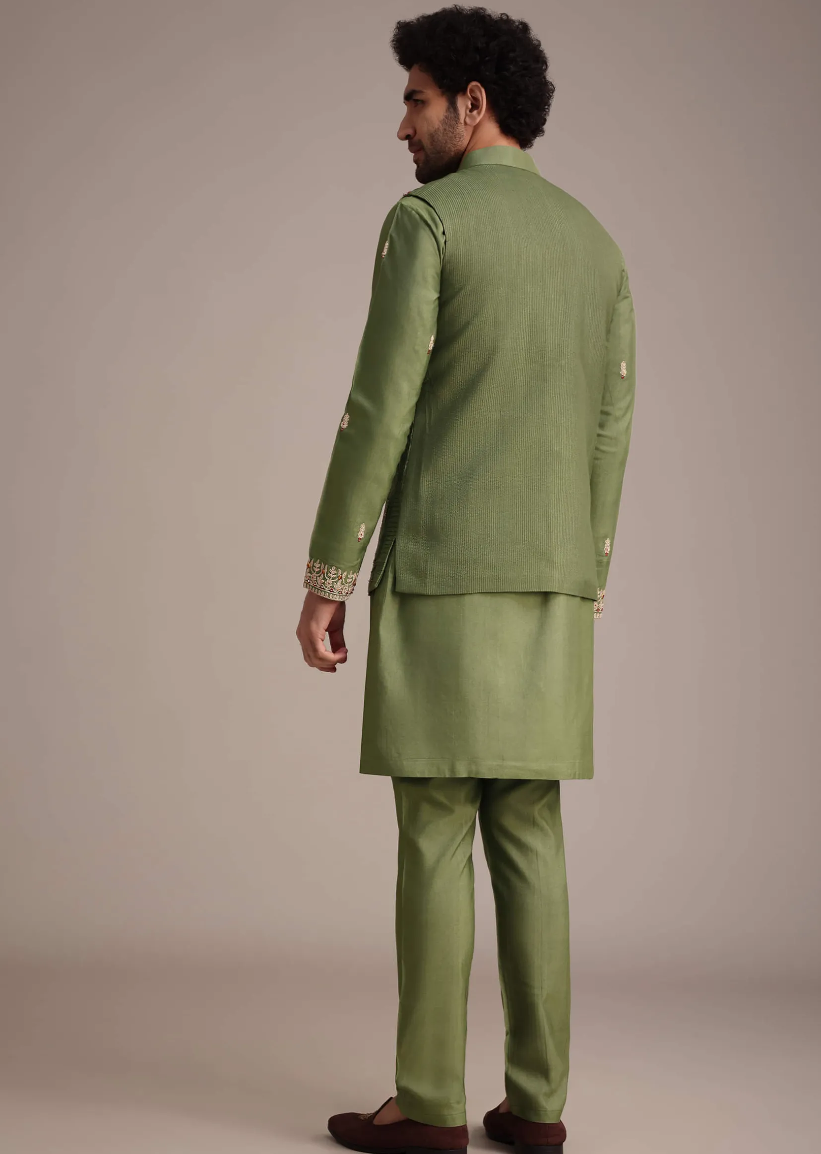 Olive Green Mirror Embroidered Kurta Jacket Set