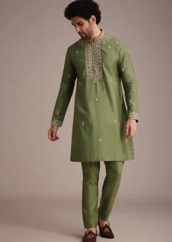 Olive Green Mirror Embroidered Kurta Jacket Set