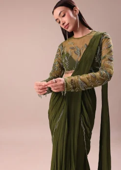 Olive Green Pre Draped Saree With Embroidered Blouse