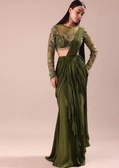 Olive Green Pre Draped Saree With Embroidered Blouse