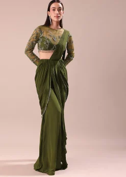 Olive Green Pre Draped Saree With Embroidered Blouse