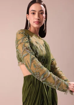 Olive Green Pre Draped Saree With Embroidered Blouse