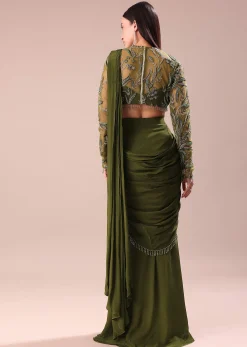 Olive Green Pre Draped Saree With Embroidered Blouse