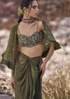 Olive Green Pre-Stitched Draped Skirt With Blouse And Cape