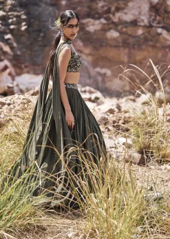 Olive Green Ruched Lehenga With Blouse And Asymmetric Dupatta