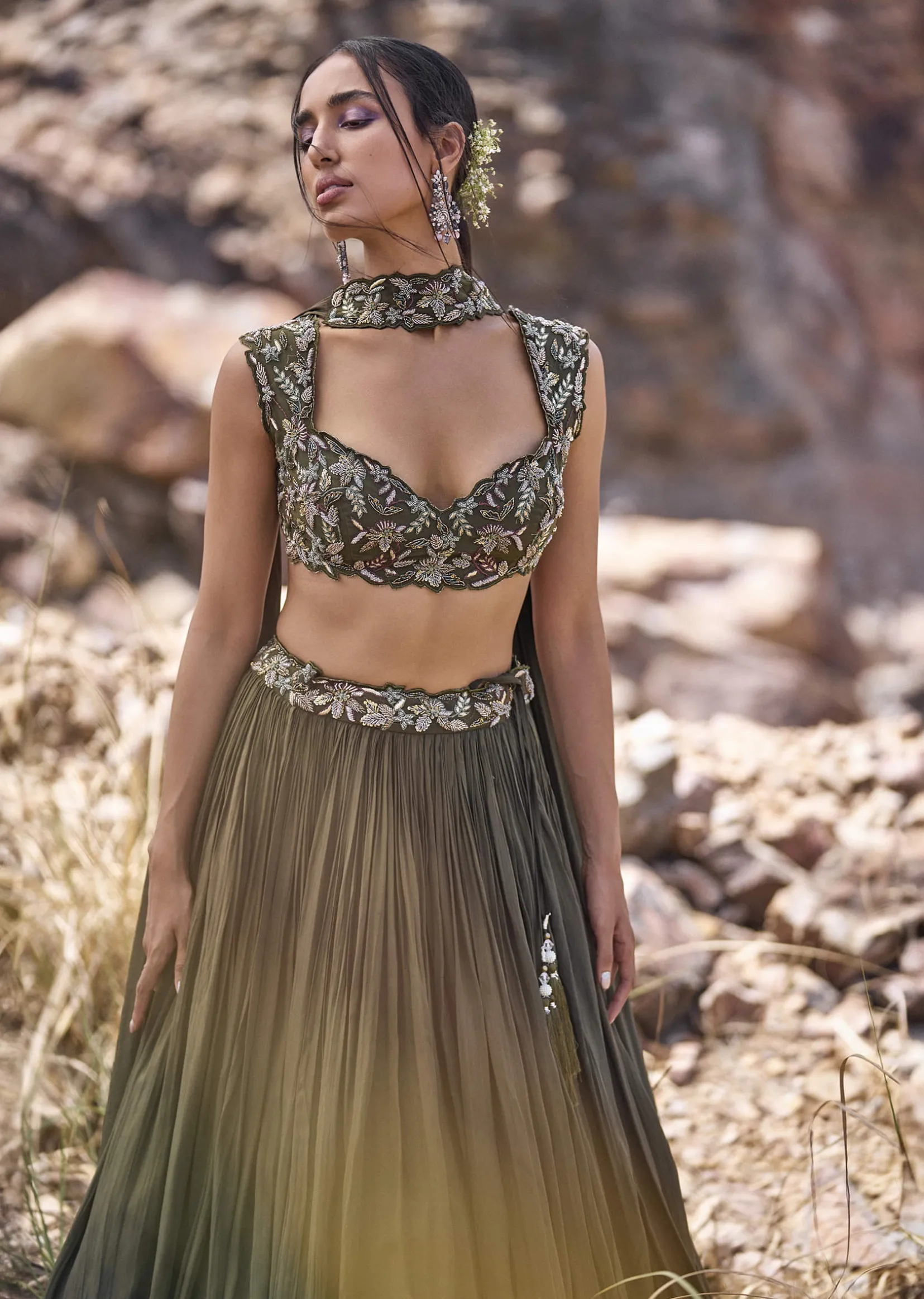 Olive Green Ruched Lehenga With Blouse And Asymmetric Dupatta