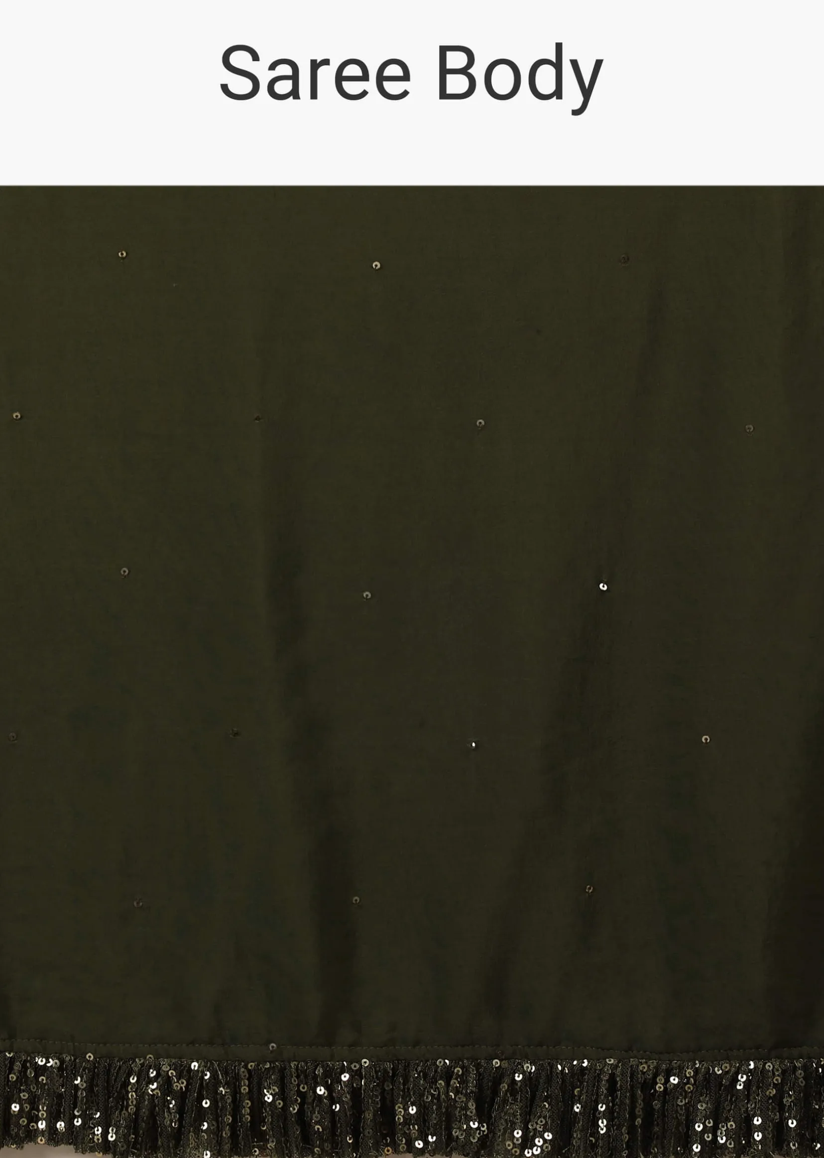 Olive Green Saree In Crepe With Sequins Ruffle On The Border, Sequins Blouse With Front Cut Out And Embellished Belt