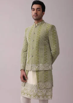 Olive Green Sherwani Set In Silk With Lucknowi Embroidery And Sequins Work