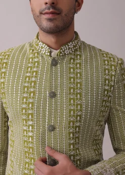 Olive Green Sherwani Set In Silk With Lucknowi Embroidery And Sequins Work