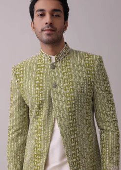 Olive Green Sherwani Set In Silk With Lucknowi Embroidery And Sequins Work