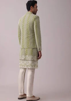 Olive Green Sherwani Set In Silk With Lucknowi Embroidery And Sequins Work