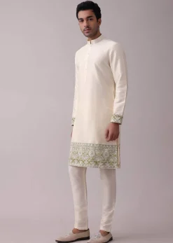 Olive Green Sherwani Set In Silk With Lucknowi Embroidery And Sequins Work