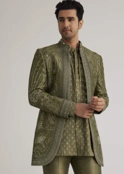 Olive Green Silk Indowestern Suit With Mirror Work